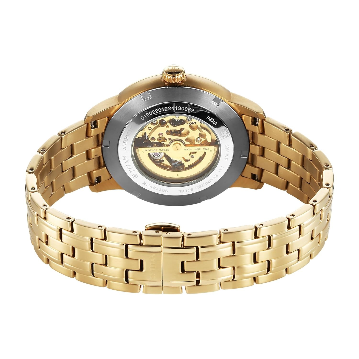 Titan Golden Heart Skeletal Automatic Analog with Silver Dial Yellow Gold Stainless Steel Strap Watch for Men - 90110YM01 - Image 4