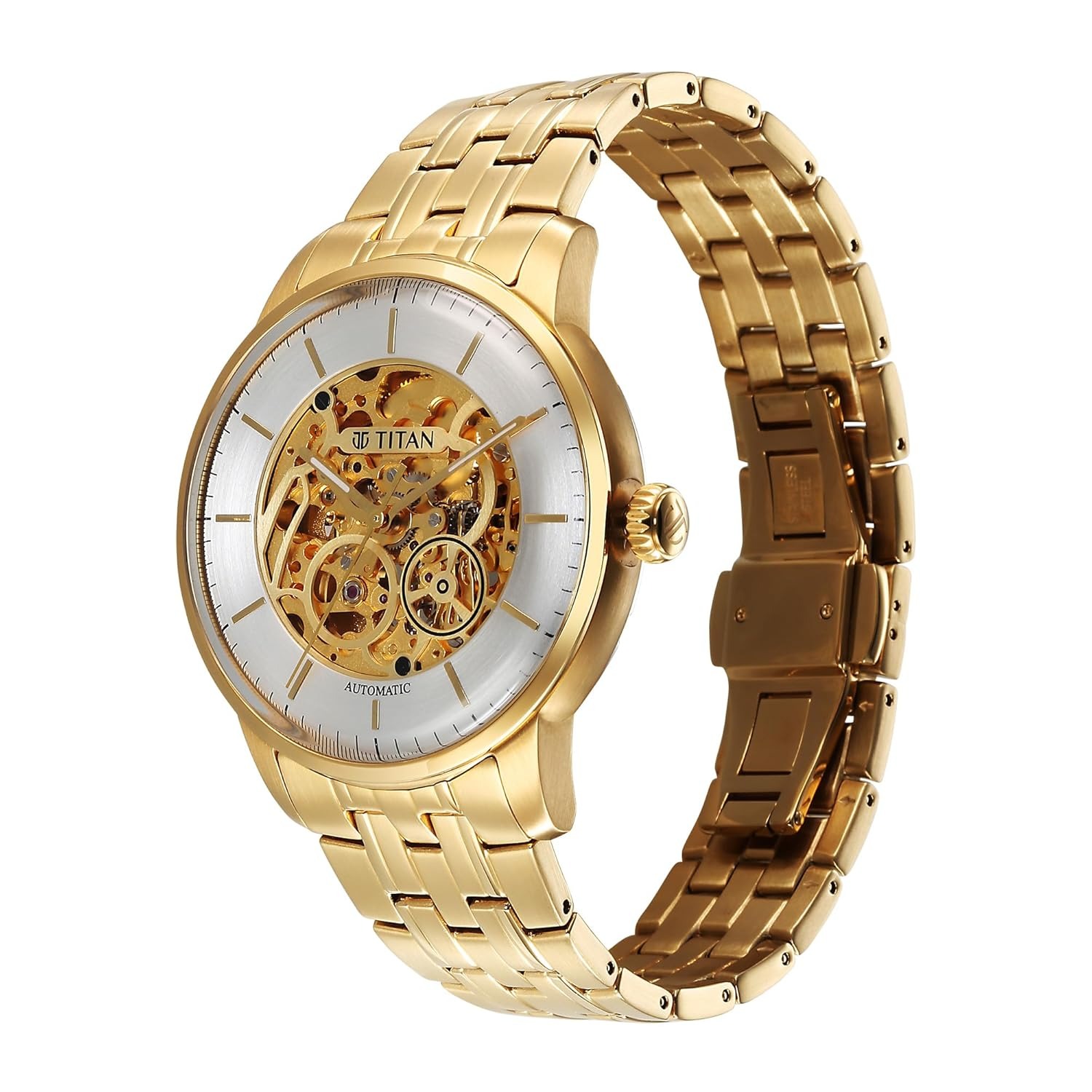 Titan Golden Heart Skeletal Automatic Analog with Silver Dial Yellow Gold Stainless Steel Strap Watch for Men - 90110YM01 - Image 5
